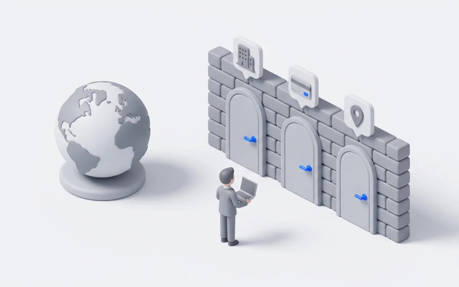 The Border Wall — globe, brick wall and three doors