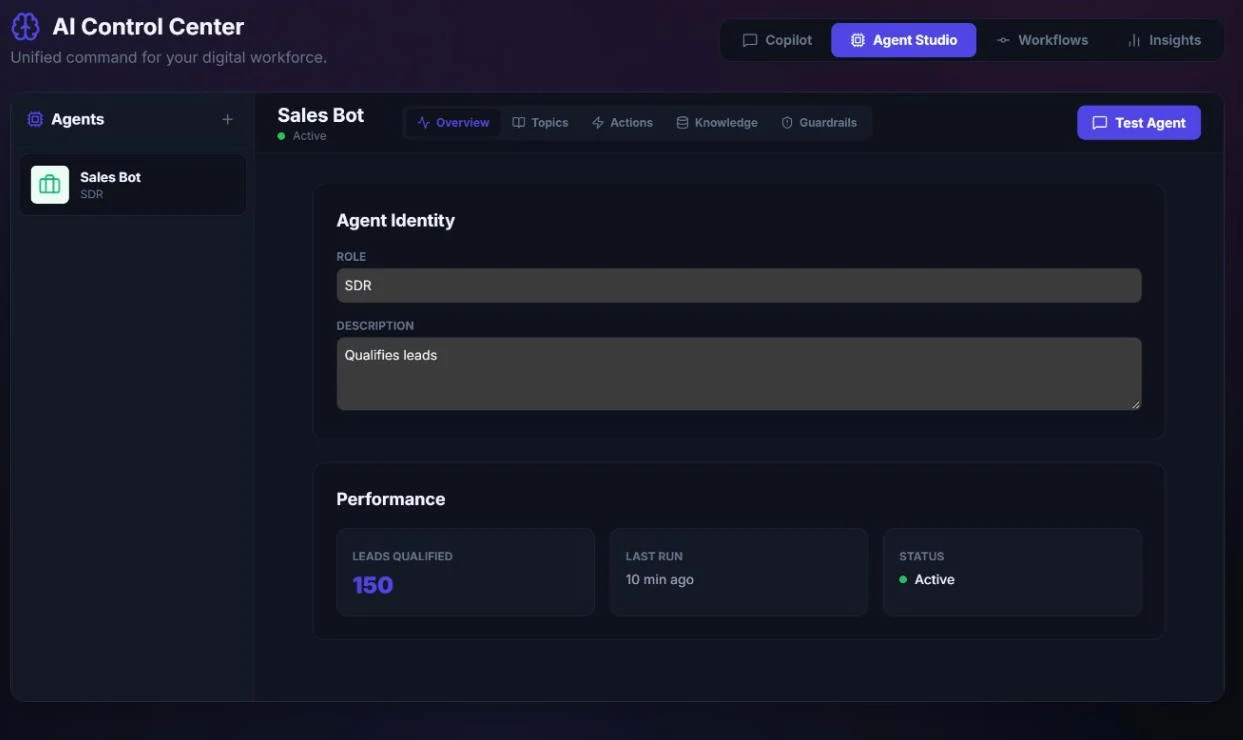 SuperCRM Agent Studio showing an active AI Sales Bot that has qualified 150 leads