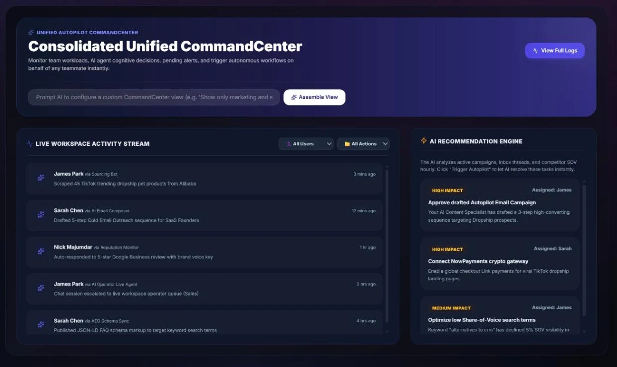 SuperCRM Command Center with a live AI agent activity stream and AI recommendations