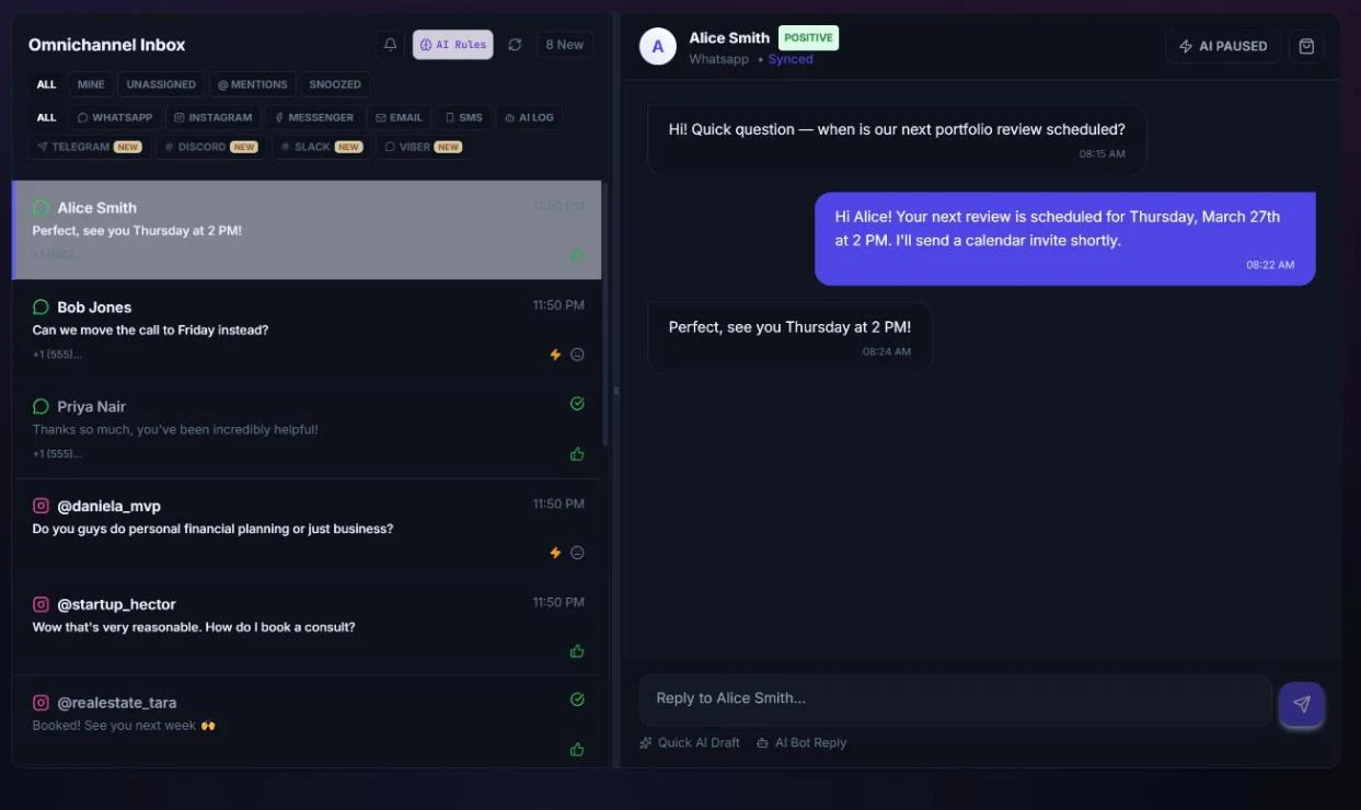 SuperCRM omnichannel inbox with WhatsApp, Instagram, email and SMS conversations